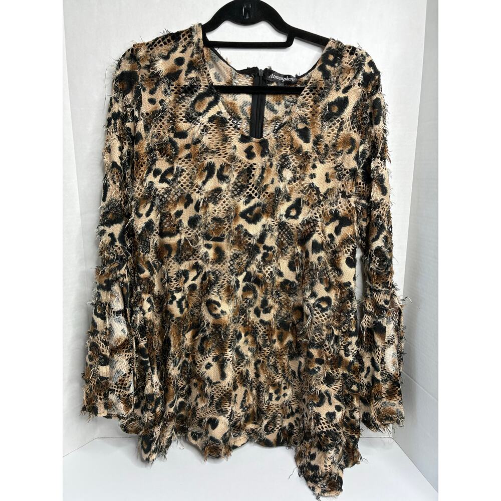 Atmosphere Women's Long Split Sleeve Large Leopard Print Blouse Fringe
